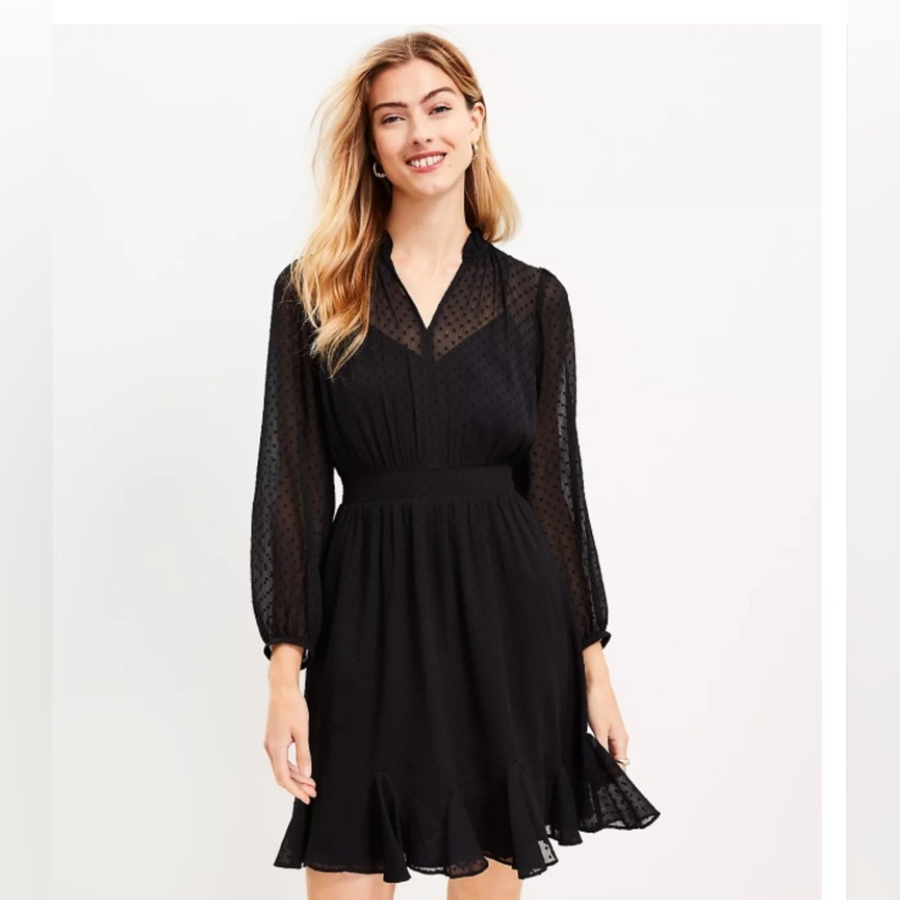 LOFT Tall Clip Godet Flare Dress Black Size 14T - Swiss Dot Texture EUC - Picture 1 of 11